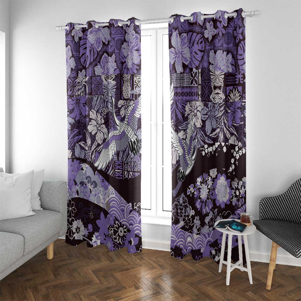 Japanese Hawaiian Crane Window Curtain Purple Tapa Patchwork Pattern