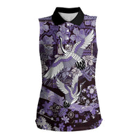 Japanese Hawaiian Crane Women Sleeveless Polo Shirt Purple Tapa Patchwork Pattern LT9 Female Purple - Polynesian Pride