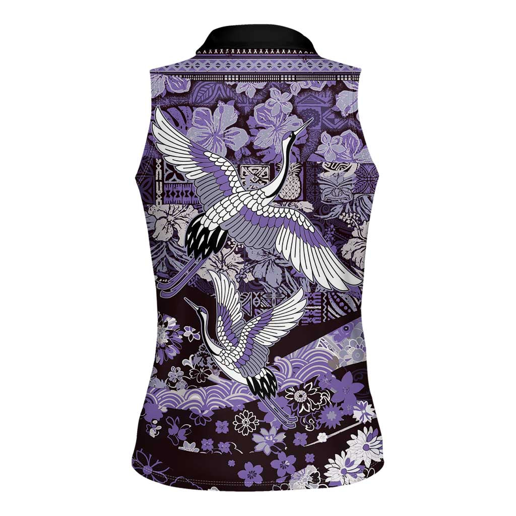 Japanese Hawaiian Crane Women Sleeveless Polo Shirt Purple Tapa Patchwork Pattern LT9 - Polynesian Pride