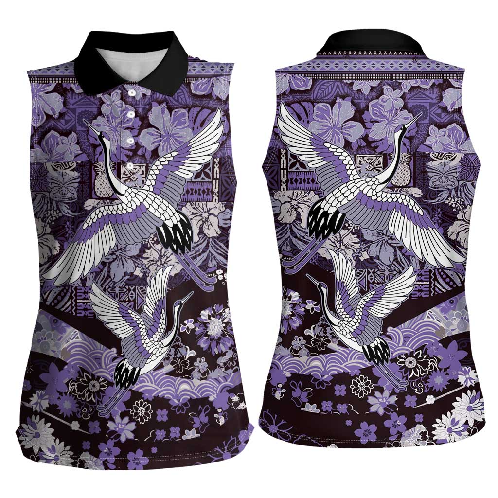 Japanese Hawaiian Crane Women Sleeveless Polo Shirt Purple Tapa Patchwork Pattern LT9 - Polynesian Pride