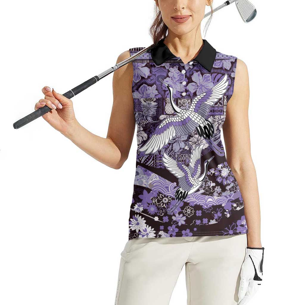 Japanese Hawaiian Crane Women Sleeveless Polo Shirt Purple Tapa Patchwork Pattern LT9 - Polynesian Pride