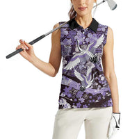 Japanese Hawaiian Crane Women Sleeveless Polo Shirt Purple Tapa Patchwork Pattern LT9 - Polynesian Pride