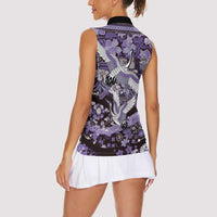Japanese Hawaiian Crane Women Sleeveless Polo Shirt Purple Tapa Patchwork Pattern LT9 - Polynesian Pride