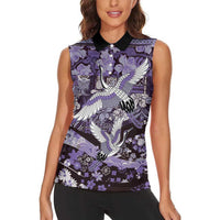 Japanese Hawaiian Crane Women Sleeveless Polo Shirt Purple Tapa Patchwork Pattern LT9 - Polynesian Pride