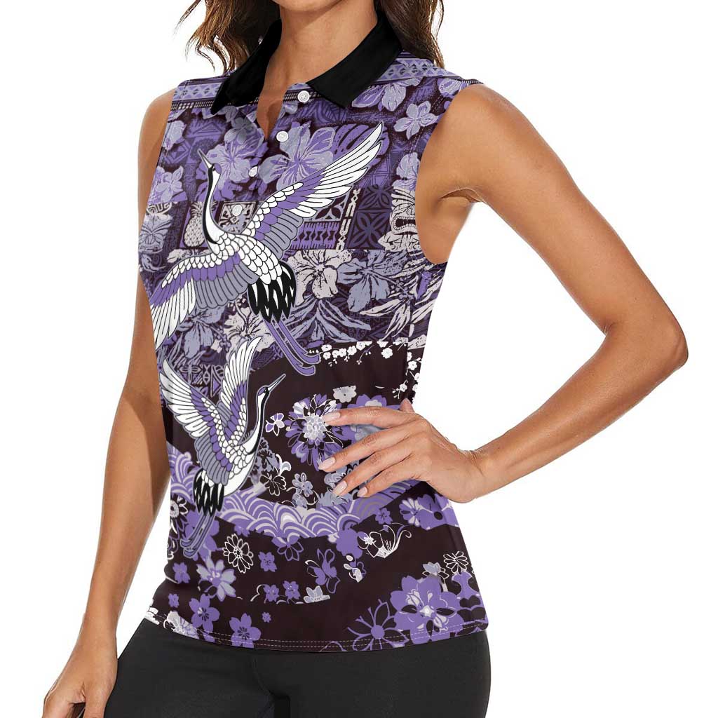 Japanese Hawaiian Crane Women Sleeveless Polo Shirt Purple Tapa Patchwork Pattern LT9 - Polynesian Pride