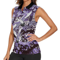 Japanese Hawaiian Crane Women Sleeveless Polo Shirt Purple Tapa Patchwork Pattern LT9 - Polynesian Pride