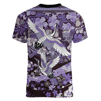 Japanese Hawaiian Crane Women V-Neck T-Shirt Purple Tapa Patchwork Pattern
