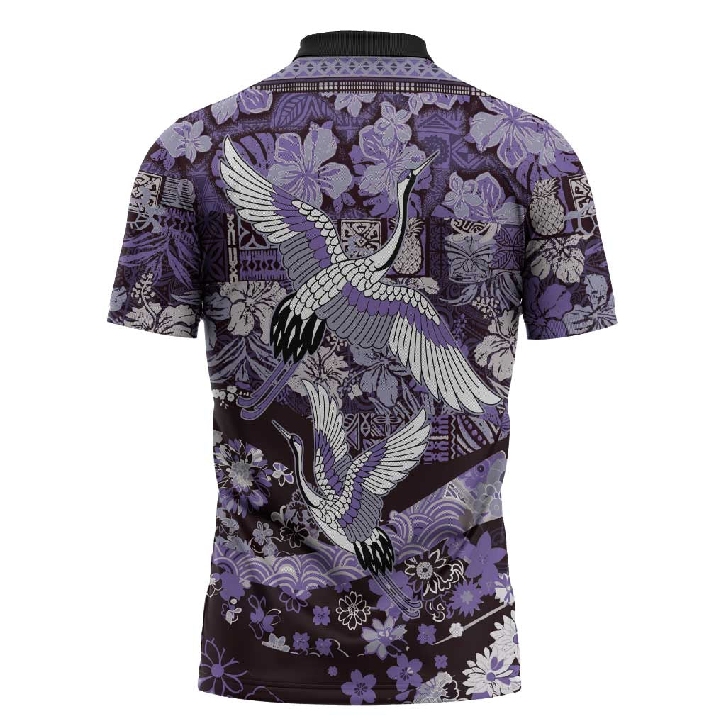 Japanese Hawaiian Crane Zipper Polo Shirt Purple Tapa Patchwork Pattern