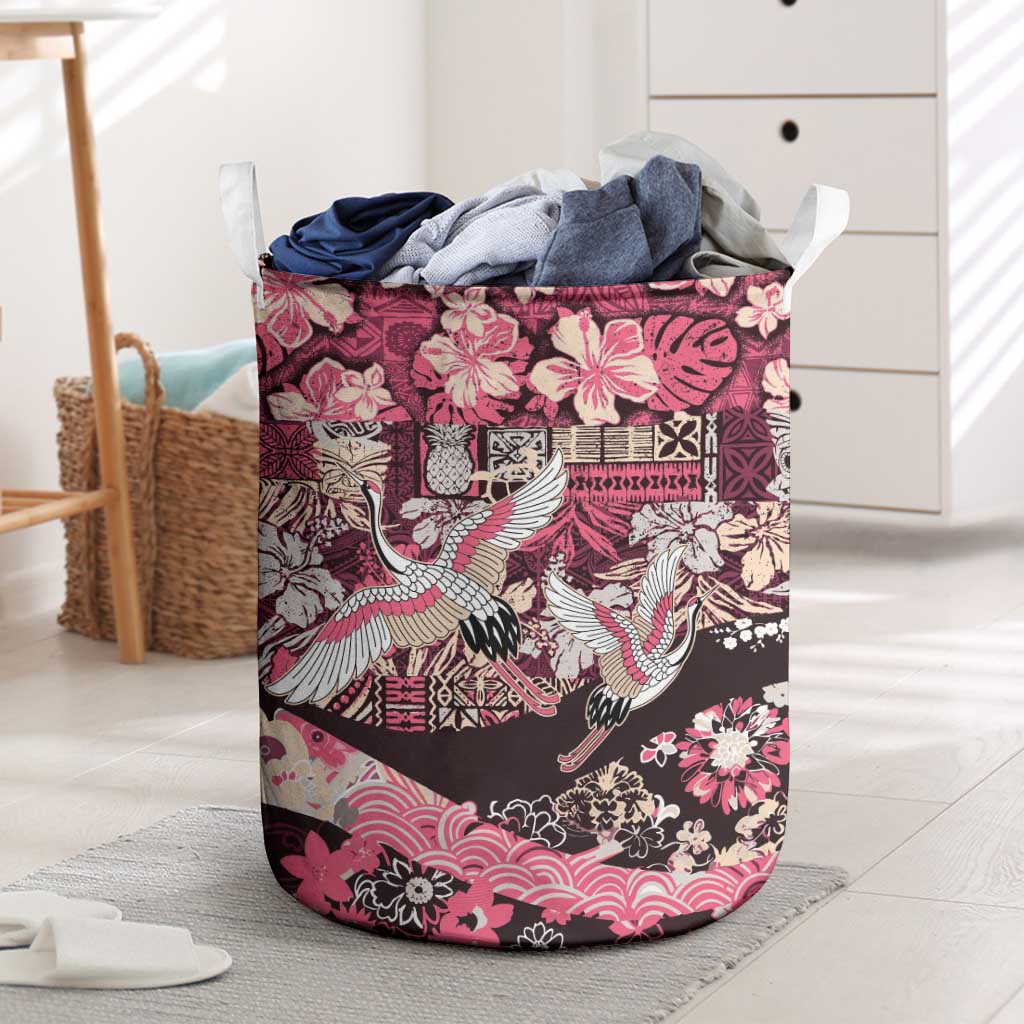 Japanese Hawaiian Crane Laundry Basket Soft Pink Tapa Patchwork Pattern