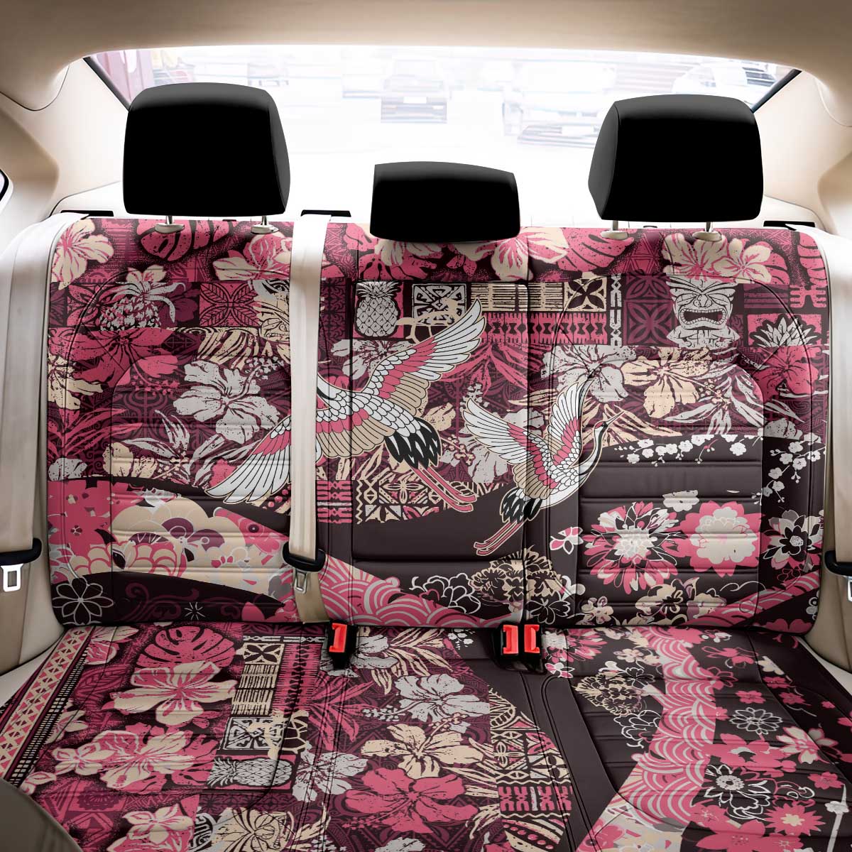 Japanese Hawaiian Crane Back Car Seat Cover Soft Pink Tapa Patchwork Pattern