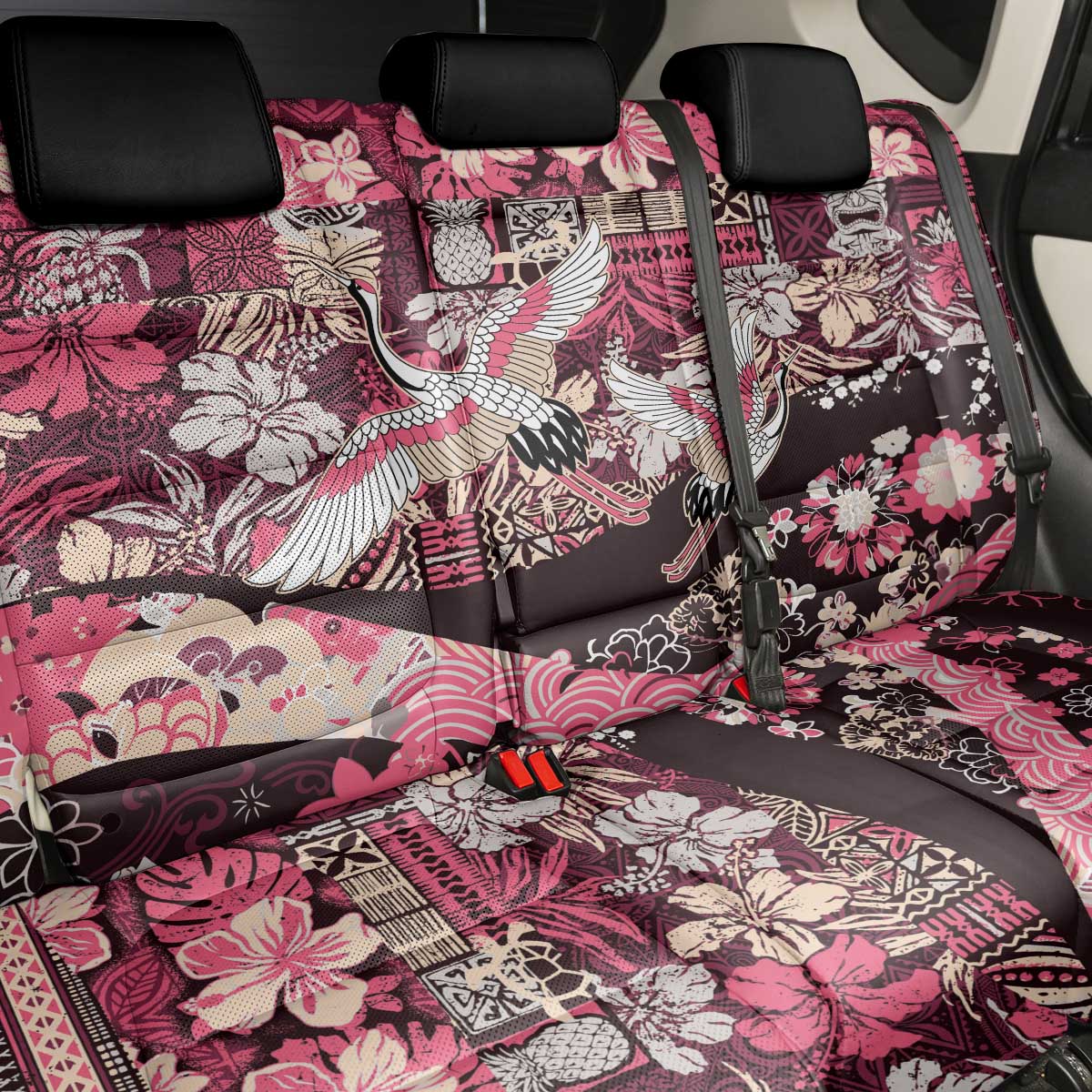 Japanese Hawaiian Crane Back Car Seat Cover Soft Pink Tapa Patchwork Pattern