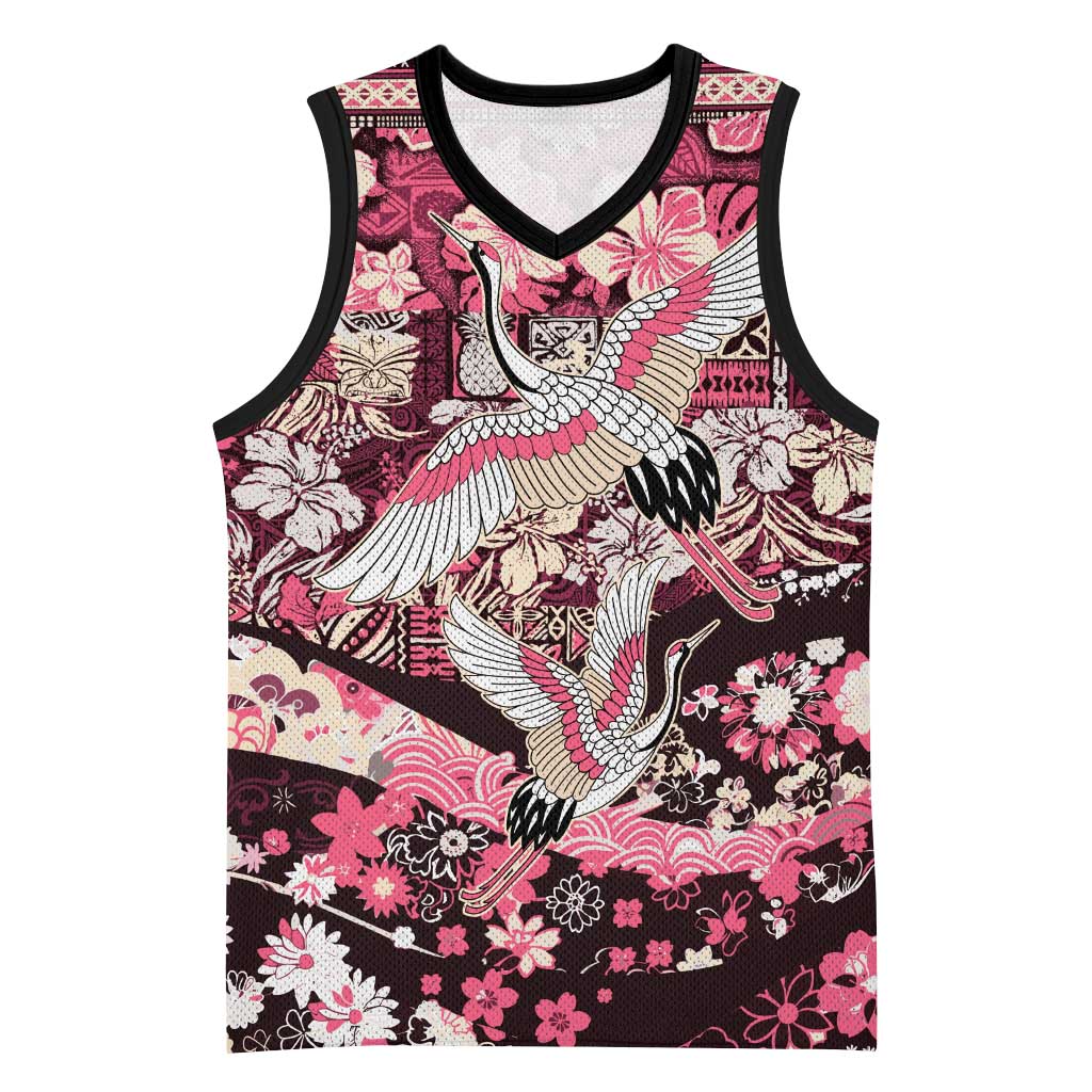 Japanese Hawaiian Crane Basketball Jersey Soft Pink Tapa Patchwork Pattern