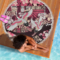 Japanese Hawaiian Crane Beach Blanket Soft Pink Tapa Patchwork Pattern