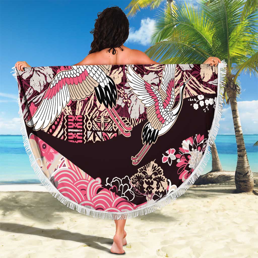 Japanese Hawaiian Crane Beach Blanket Soft Pink Tapa Patchwork Pattern