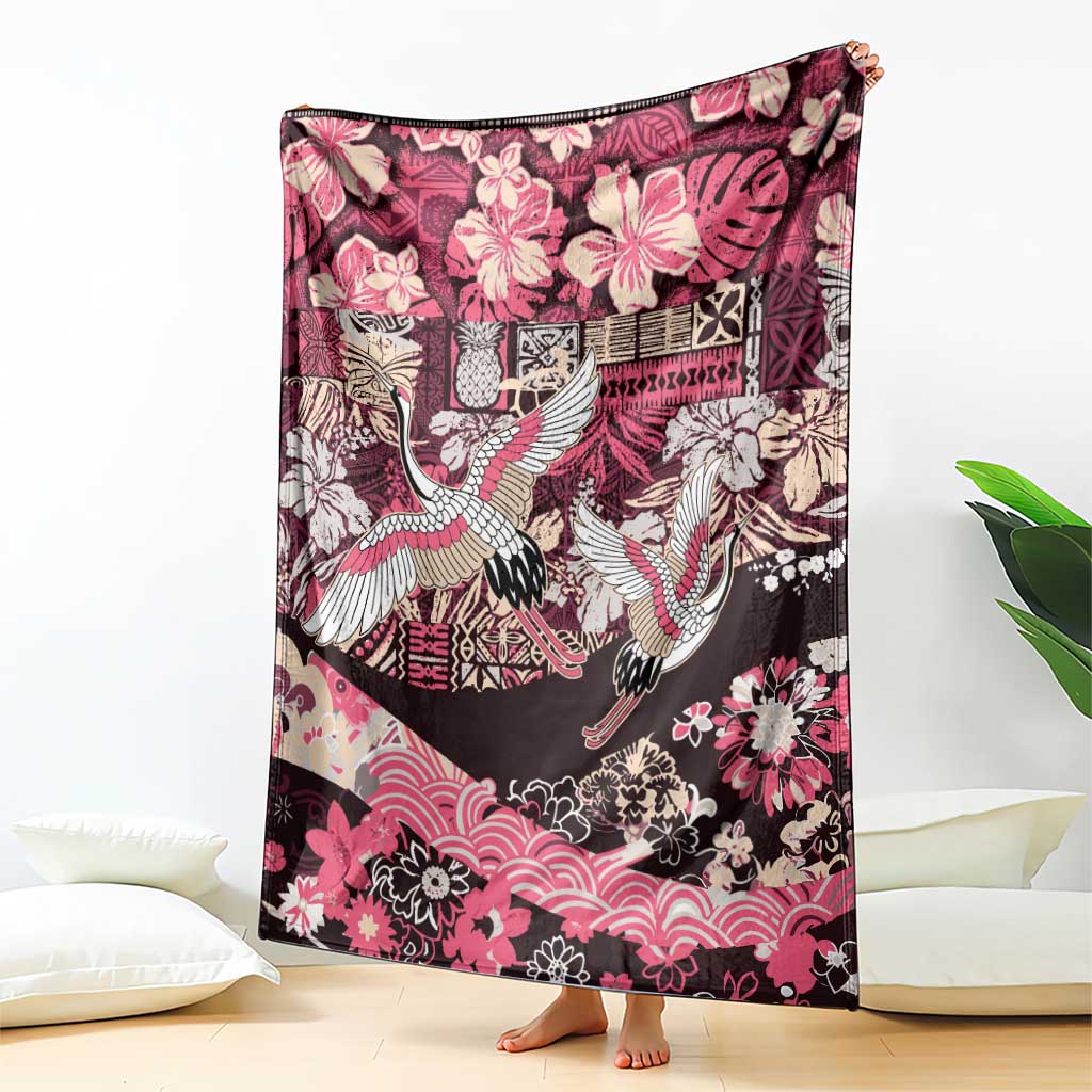 Japanese Hawaiian Crane Blanket Soft Pink Tapa Patchwork Pattern