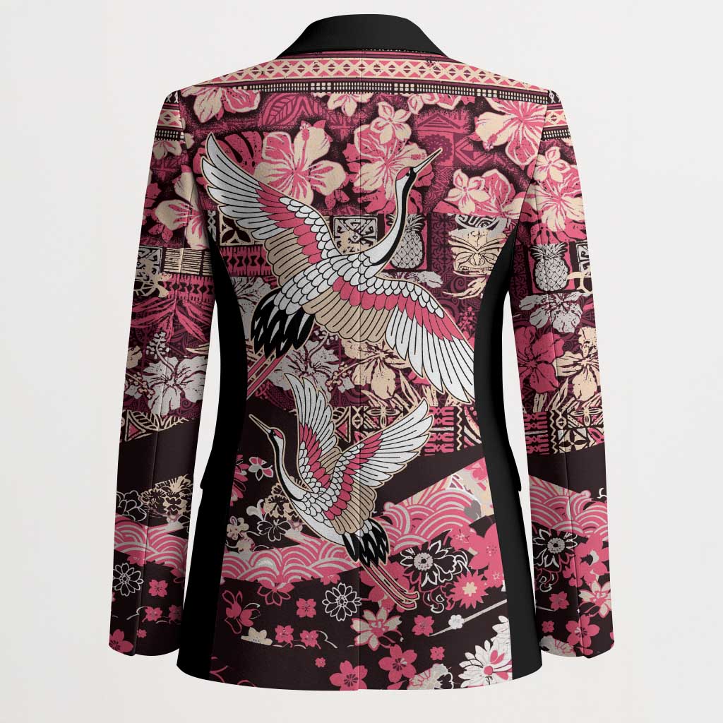 Japanese Hawaiian Crane Blazer Soft Pink Tapa Patchwork Pattern