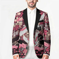Japanese Hawaiian Crane Blazer Soft Pink Tapa Patchwork Pattern