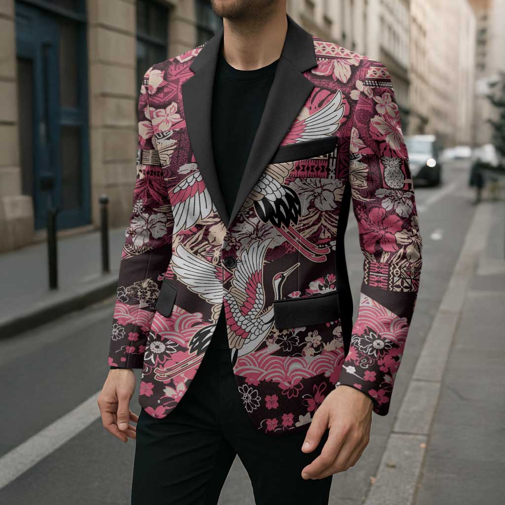 Japanese Hawaiian Crane Blazer Soft Pink Tapa Patchwork Pattern
