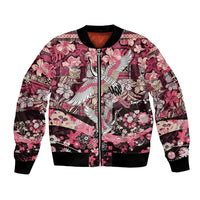 Japanese Hawaiian Crane Bomber Jacket Soft Pink Tapa Patchwork Pattern