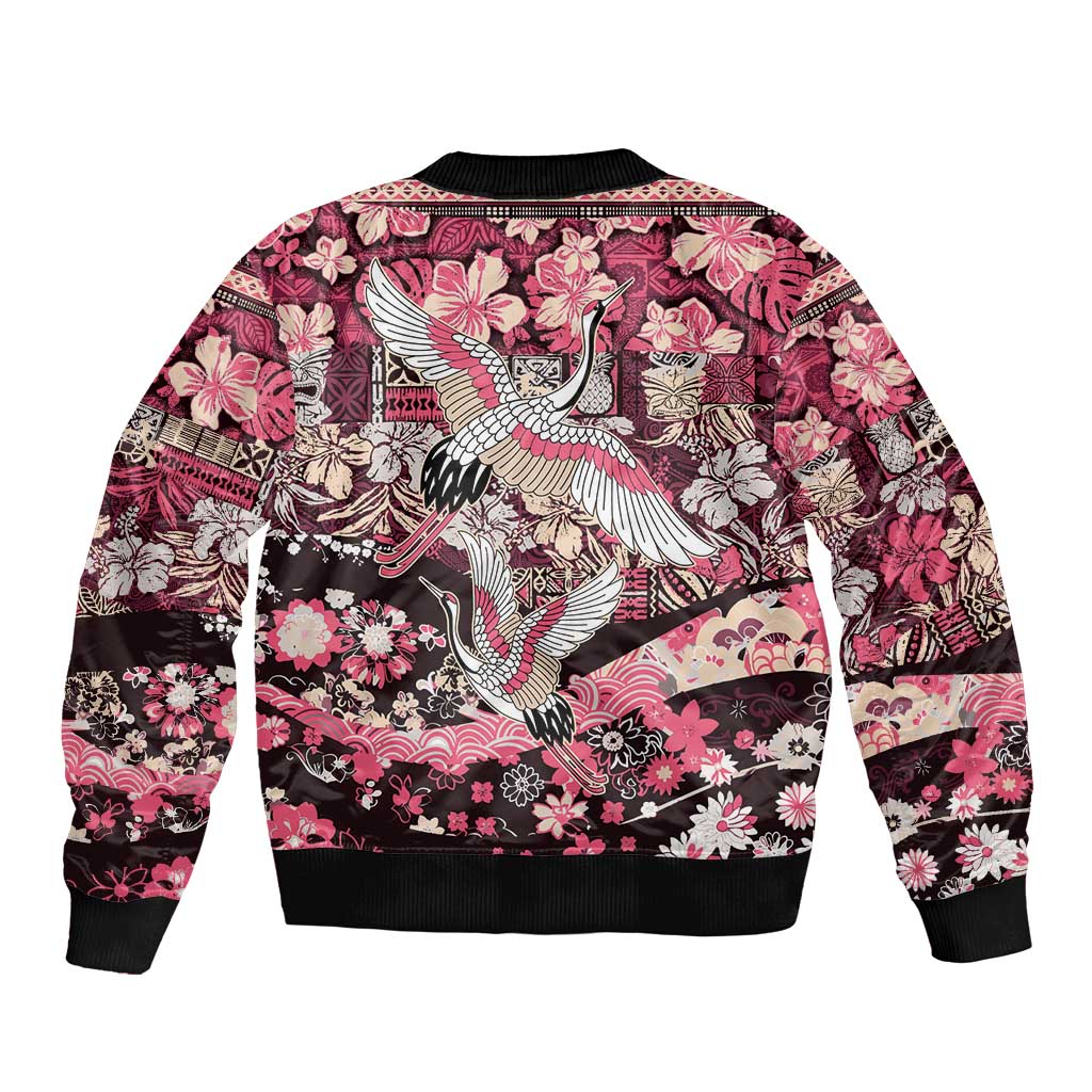 Japanese Hawaiian Crane Bomber Jacket Soft Pink Tapa Patchwork Pattern