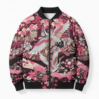 Japanese Hawaiian Crane Bomber Puffer Jacket Soft Pink Tapa Patchwork Pattern