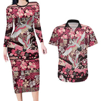 Japanese Hawaiian Crane Couples Matching Long Sleeve Bodycon Dress and Hawaiian Shirt Soft Pink Tapa Patchwork Pattern