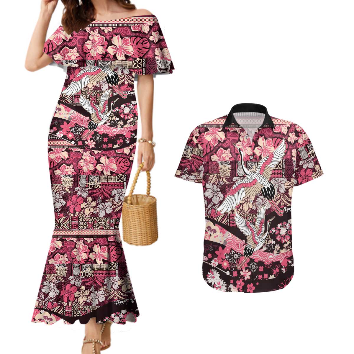 Japanese Hawaiian Crane Couples Matching Mermaid Dress and Hawaiian Shirt Soft Pink Tapa Patchwork Pattern