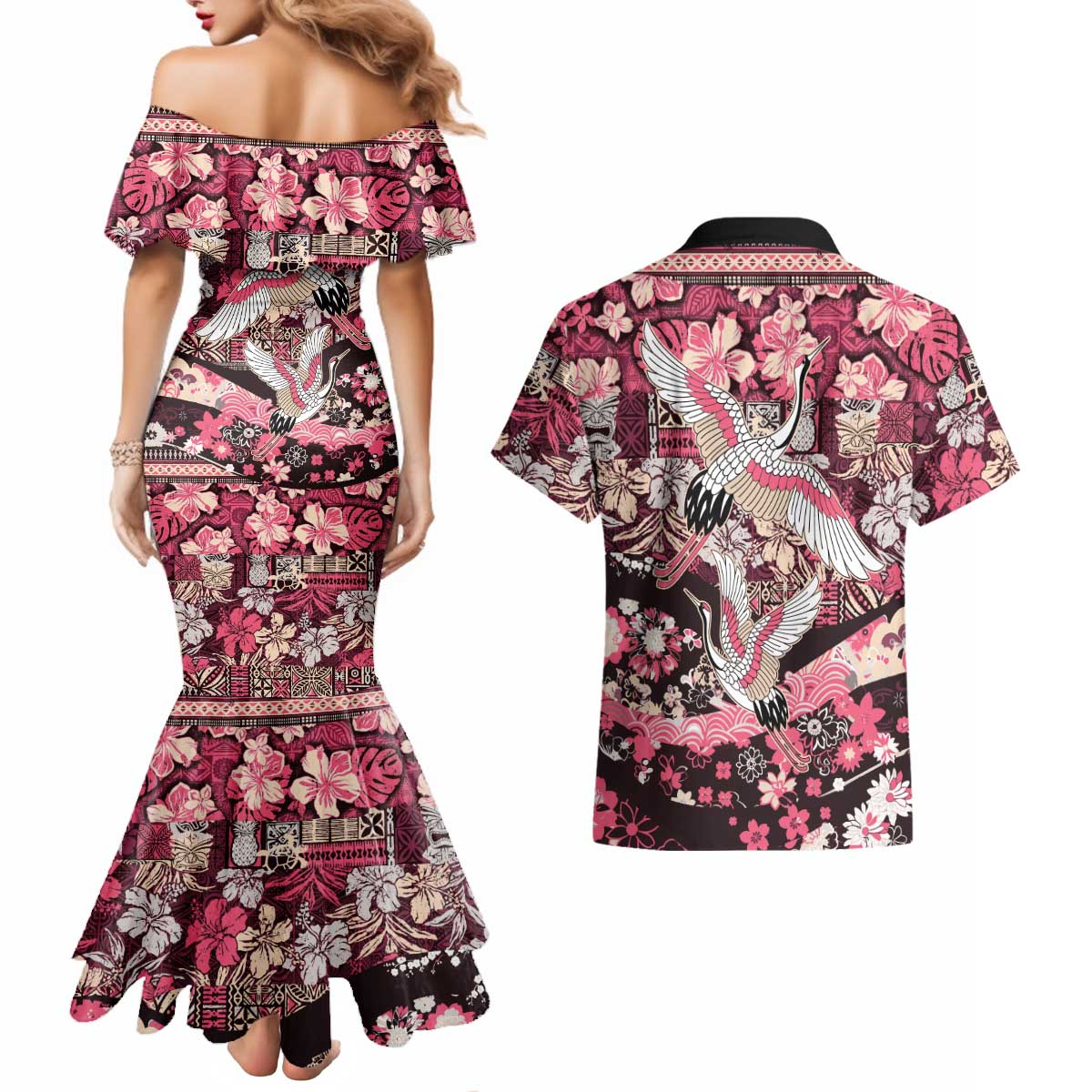 Japanese Hawaiian Crane Couples Matching Mermaid Dress and Hawaiian Shirt Soft Pink Tapa Patchwork Pattern