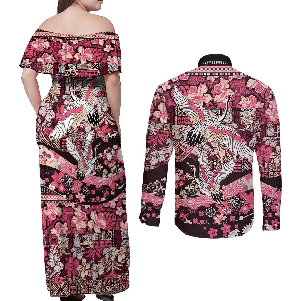 Japanese Hawaiian Crane Couples Matching Off Shoulder Maxi Dress and Long Sleeve Button Shirt Soft Pink Tapa Patchwork Pattern