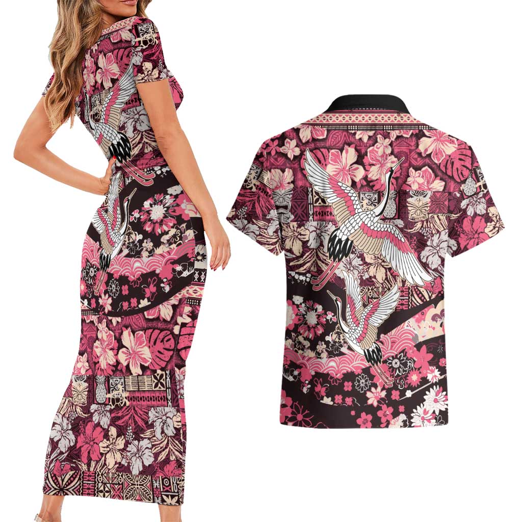 Japanese Hawaiian Crane Couples Matching Short Sleeve Bodycon Dress and Hawaiian Shirt Soft Pink Tapa Patchwork Pattern