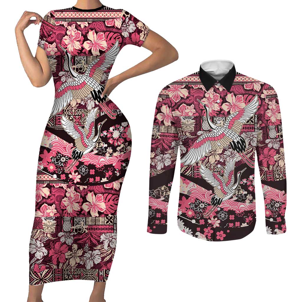 Japanese Hawaiian Crane Couples Matching Short Sleeve Bodycon Dress and Long Sleeve Button Shirt Soft Pink Tapa Patchwork Pattern LT9 Pink - Polynesian Pride