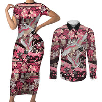 Japanese Hawaiian Crane Couples Matching Short Sleeve Bodycon Dress and Long Sleeve Button Shirt Soft Pink Tapa Patchwork Pattern LT9 Pink - Polynesian Pride