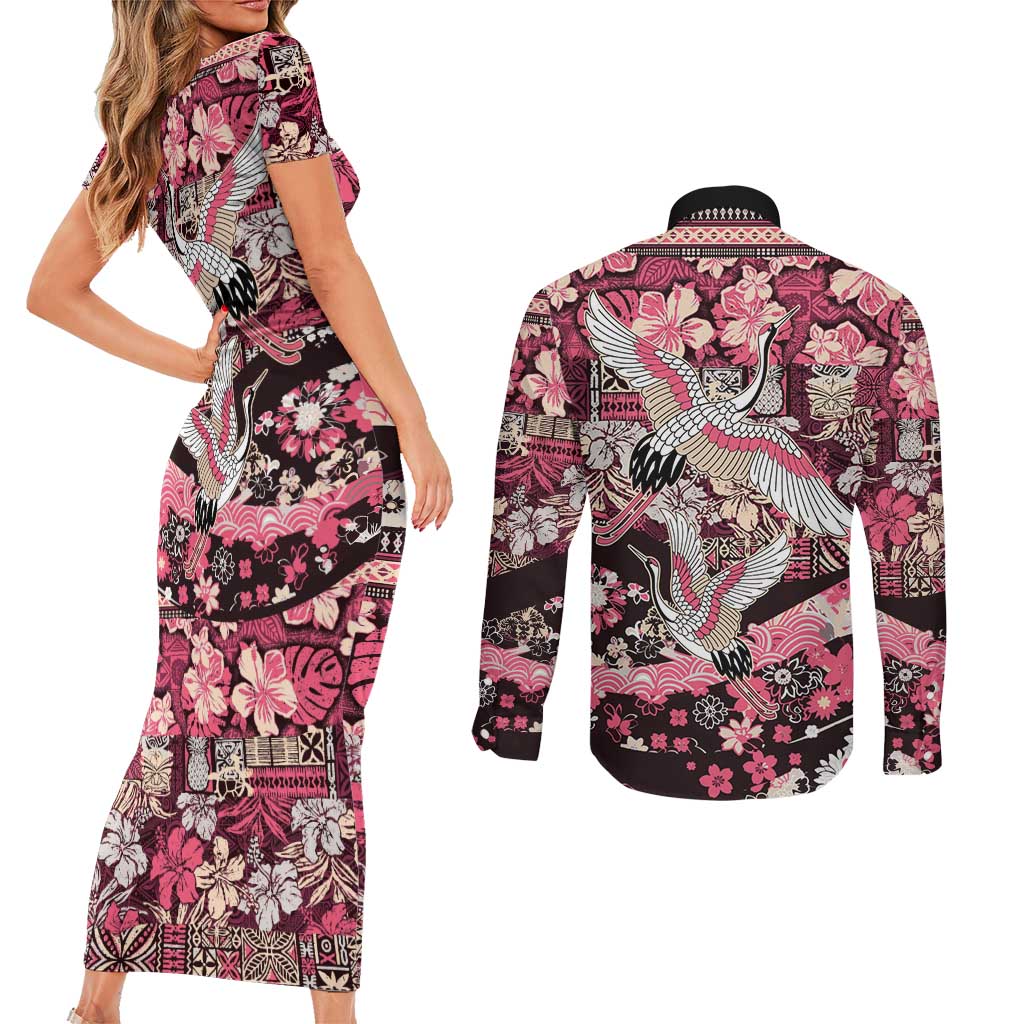 Japanese Hawaiian Crane Couples Matching Short Sleeve Bodycon Dress and Long Sleeve Button Shirt Soft Pink Tapa Patchwork Pattern LT9 - Polynesian Pride