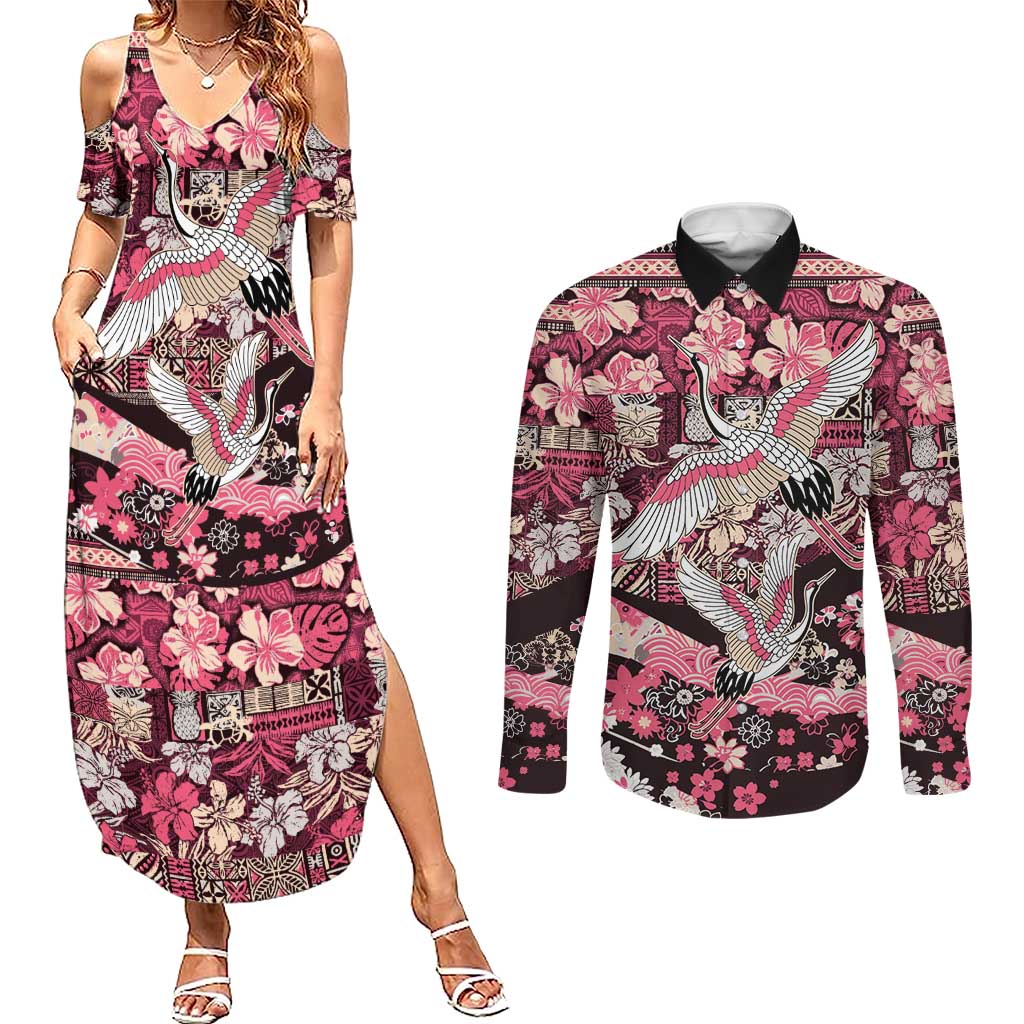 Japanese Hawaiian Crane Couples Matching Summer Maxi Dress and Long Sleeve Button Shirt Soft Pink Tapa Patchwork Pattern
