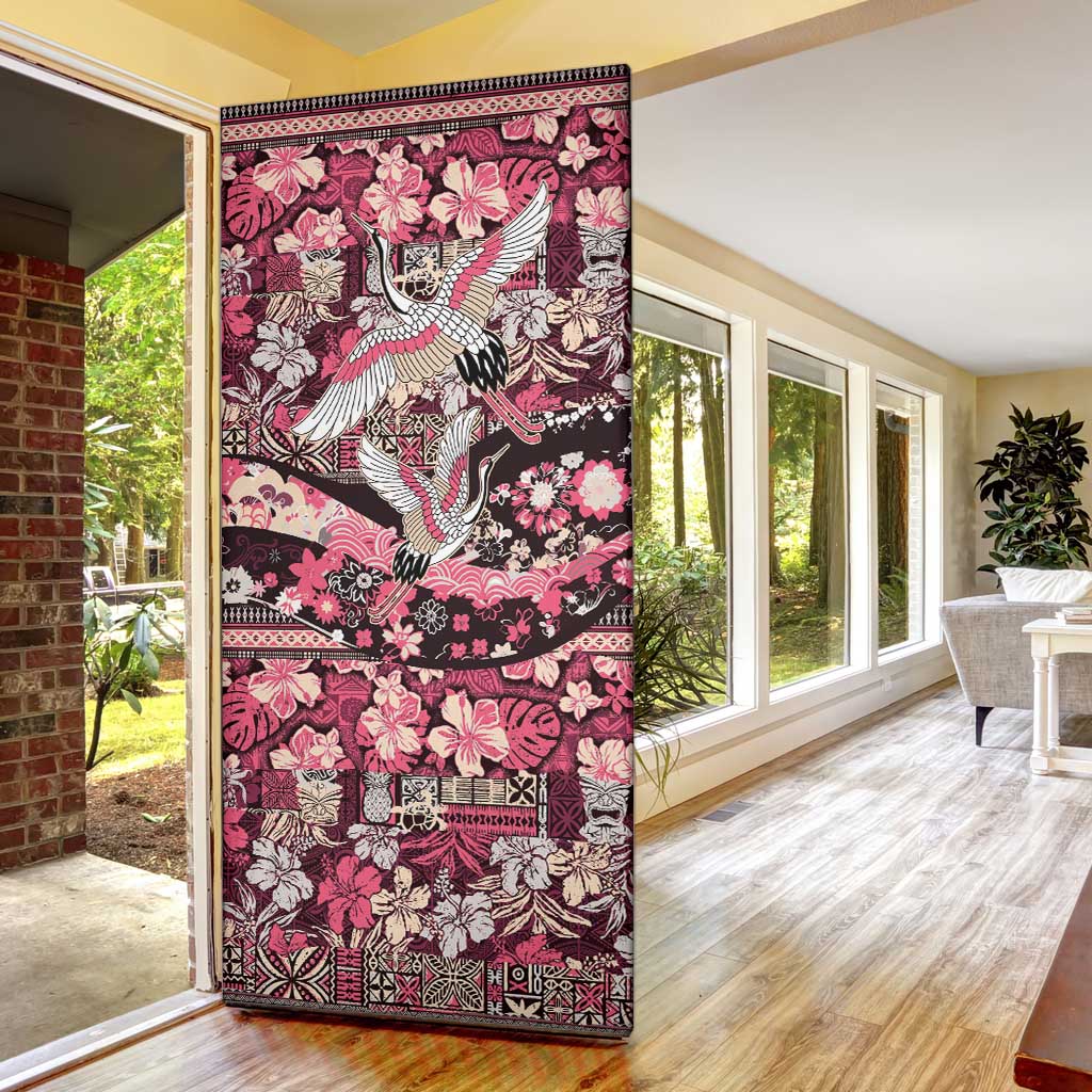 Japanese Hawaiian Crane Door Cover Soft Pink Tapa Patchwork Pattern