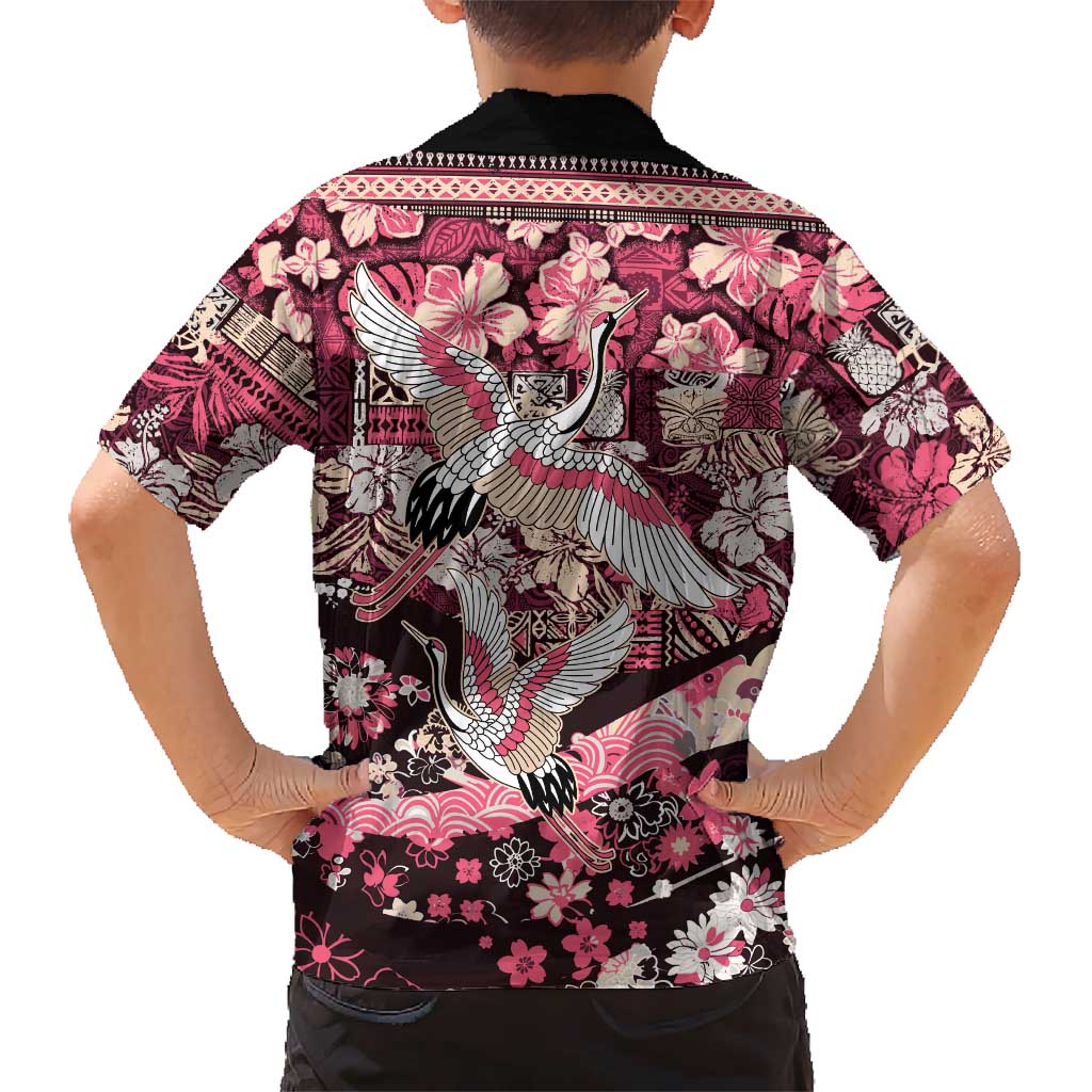 Japanese Hawaiian Crane Family Matching Long Sleeve Bodycon Dress and Hawaiian Shirt Soft Pink Tapa Patchwork Pattern LT9 - Polynesian Pride