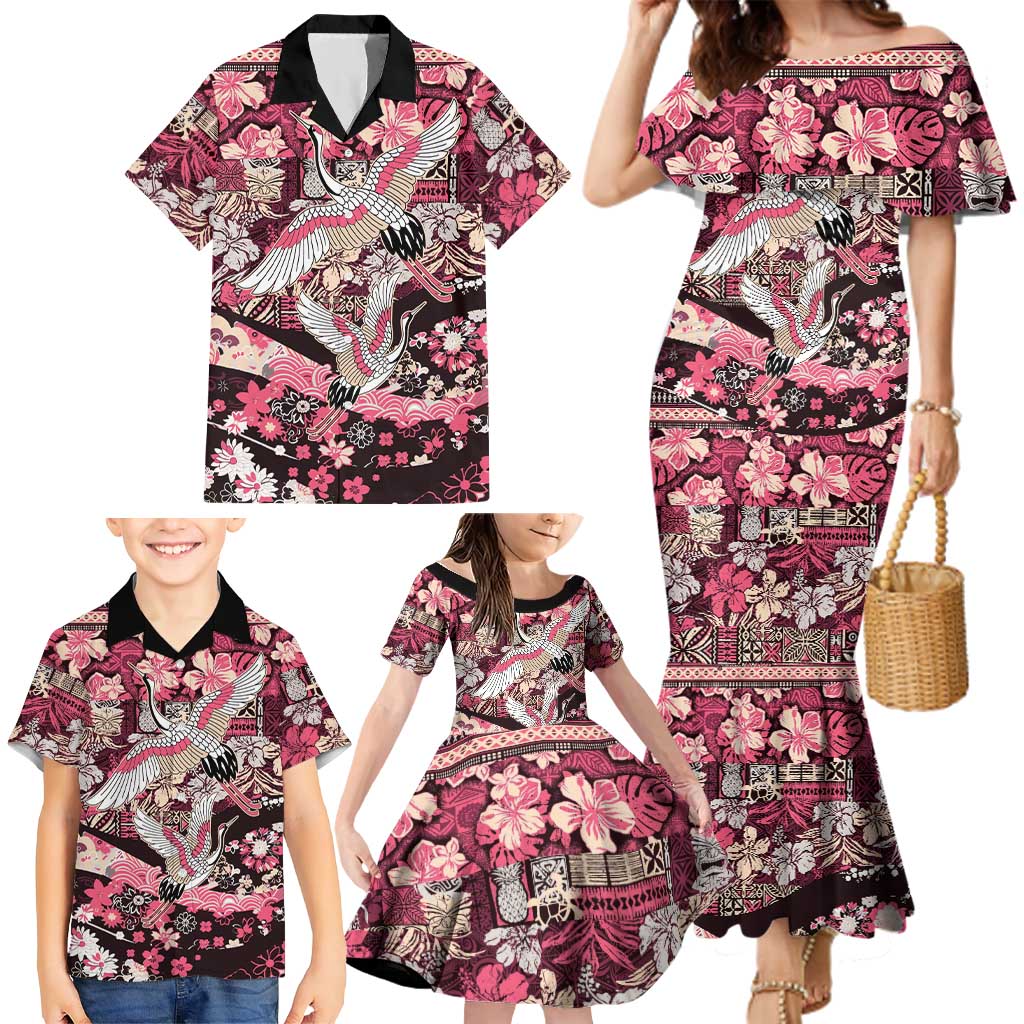 Japanese Hawaiian Crane Family Matching Mermaid Dress and Hawaiian Shirt Soft Pink Tapa Patchwork Pattern LT9 - Polynesian Pride