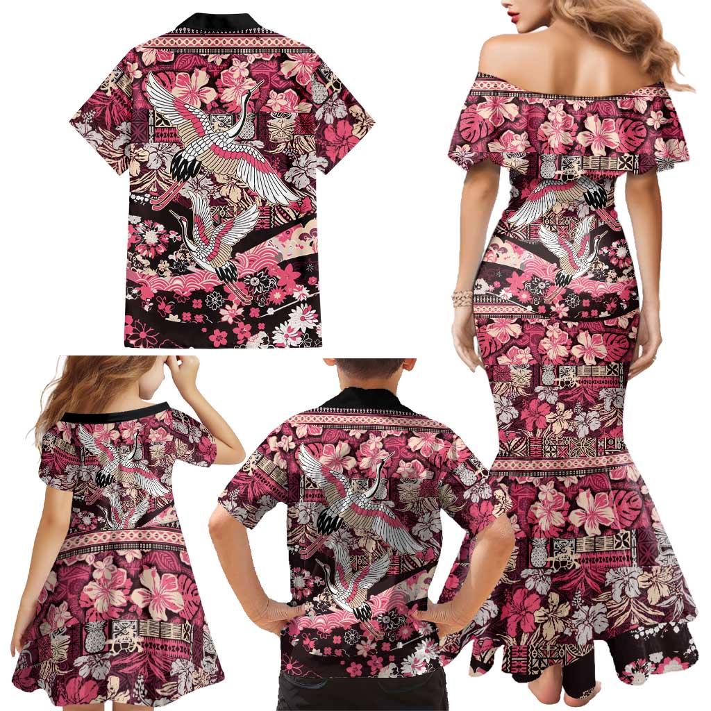 Japanese Hawaiian Crane Family Matching Mermaid Dress and Hawaiian Shirt Soft Pink Tapa Patchwork Pattern LT9 - Polynesian Pride