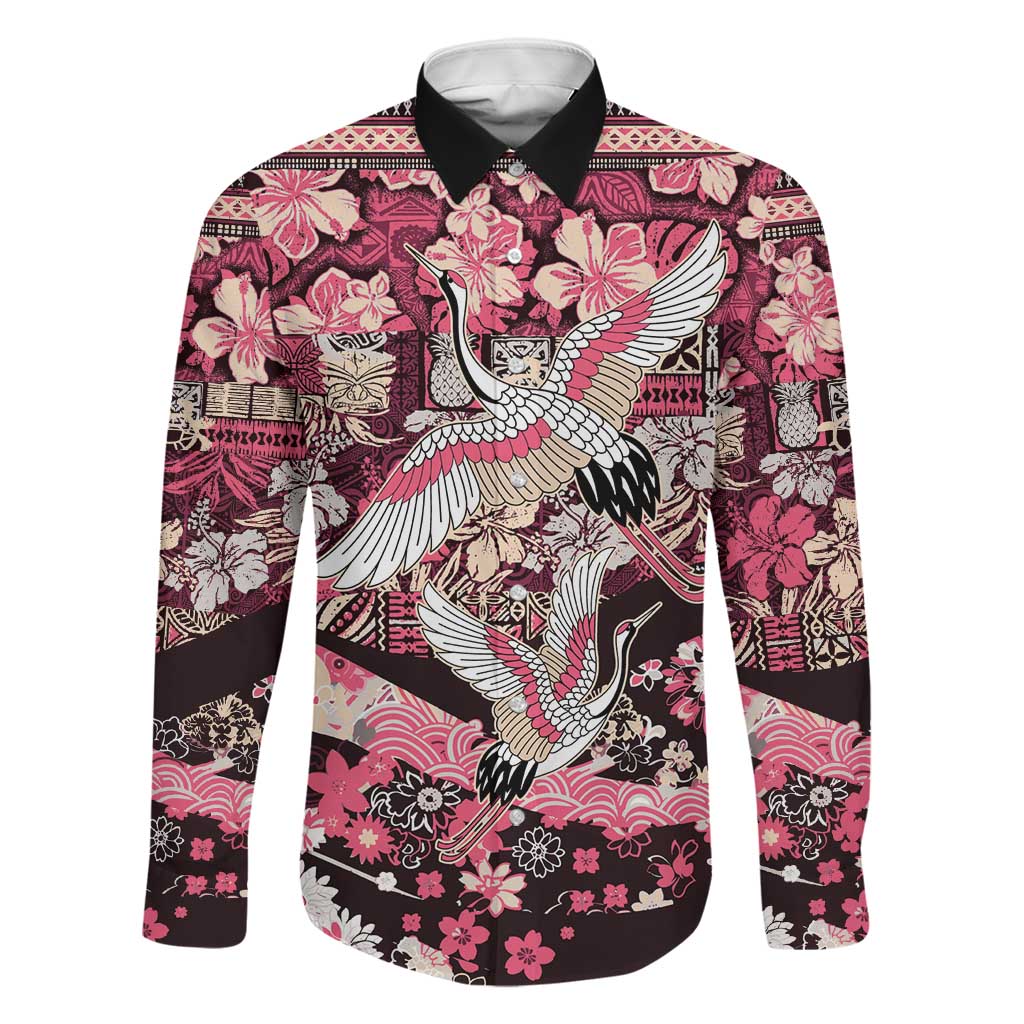 Japanese Hawaiian Crane Family Matching Mermaid Dress and Hawaiian Shirt Soft Pink Tapa Patchwork Pattern LT9 Dad's Shirt - Long Sleeve Pink - Polynesian Pride