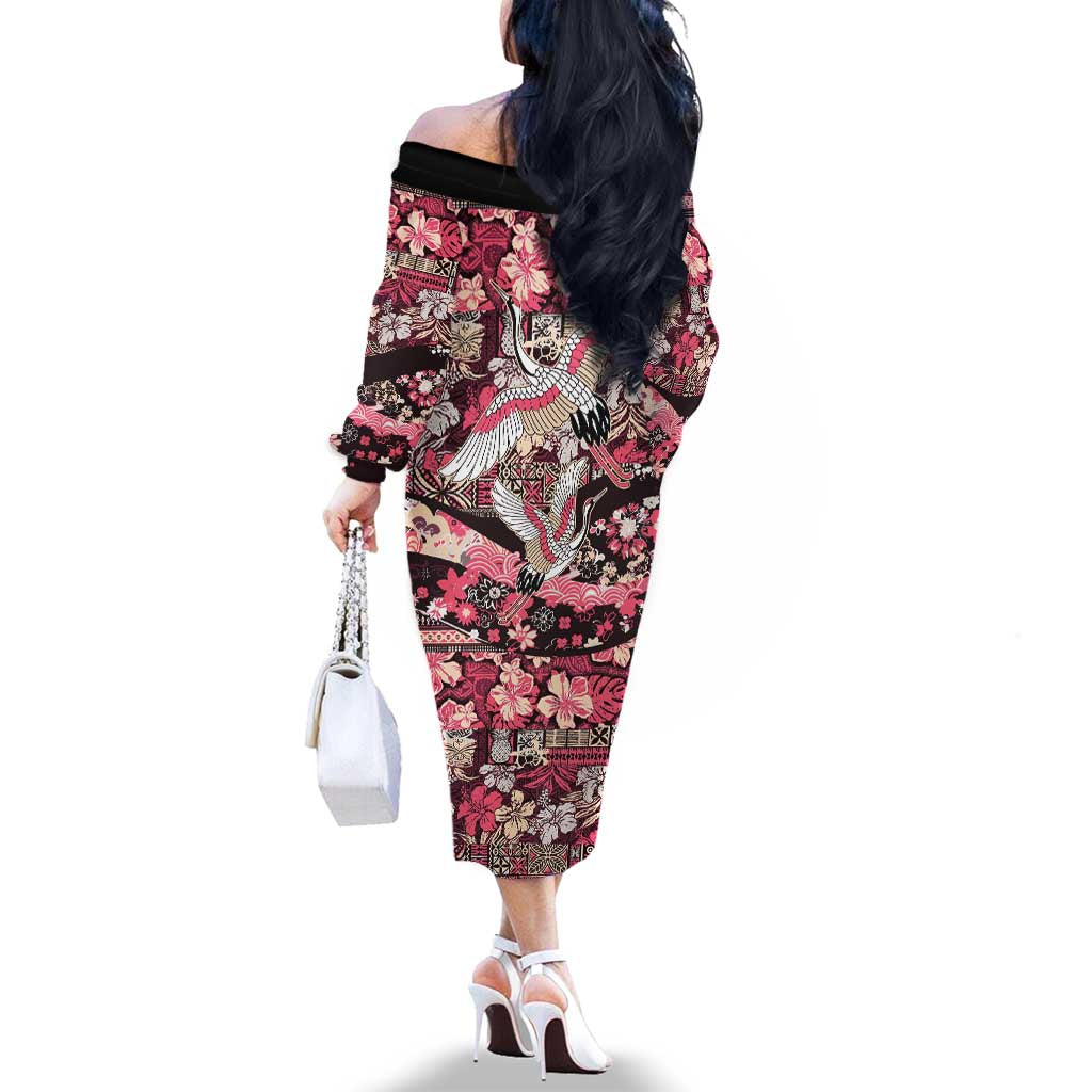 Japanese Hawaiian Crane Family Matching Off The Shoulder Long Sleeve Dress and Hawaiian Shirt Soft Pink Tapa Patchwork Pattern LT9 - Polynesian Pride