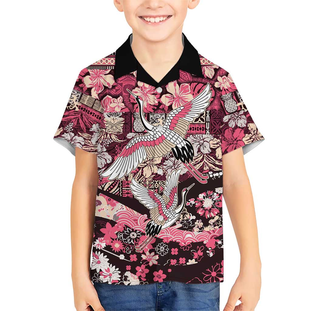 Japanese Hawaiian Crane Family Matching Off Shoulder Maxi Dress and Hawaiian Shirt Soft Pink Tapa Patchwork Pattern
