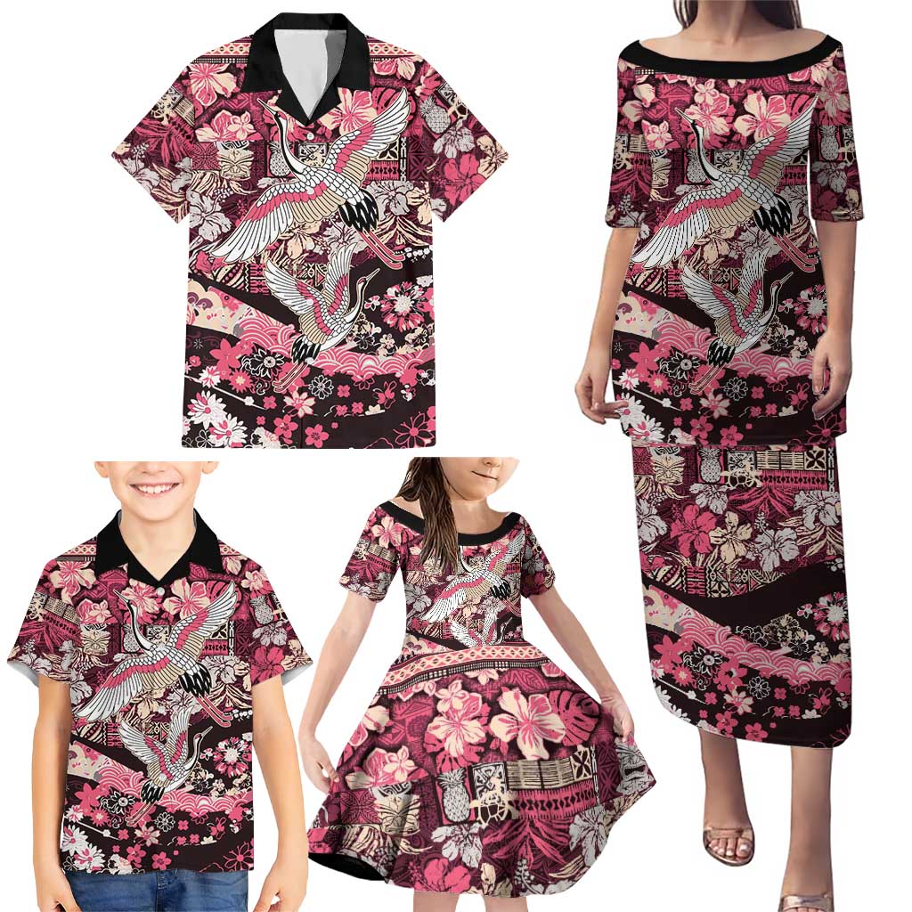 Japanese Hawaiian Crane Family Matching Puletasi and Hawaiian Shirt Soft Pink Tapa Patchwork Pattern