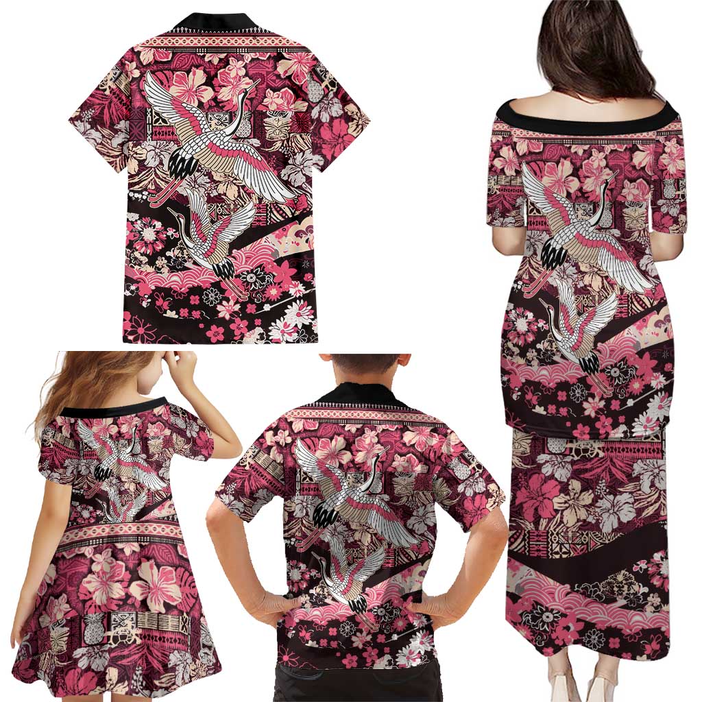 Japanese Hawaiian Crane Family Matching Puletasi and Hawaiian Shirt Soft Pink Tapa Patchwork Pattern