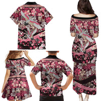 Japanese Hawaiian Crane Family Matching Puletasi and Hawaiian Shirt Soft Pink Tapa Patchwork Pattern