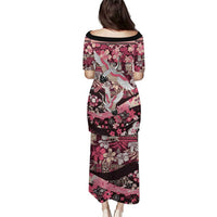 Japanese Hawaiian Crane Family Matching Puletasi and Hawaiian Shirt Soft Pink Tapa Patchwork Pattern