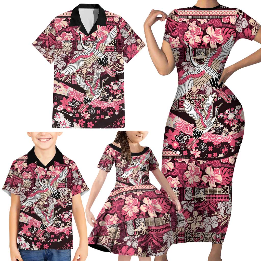 Japanese Hawaiian Crane Family Matching Short Sleeve Bodycon Dress and Hawaiian Shirt Soft Pink Tapa Patchwork Pattern LT9 - Polynesian Pride