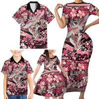 Japanese Hawaiian Crane Family Matching Short Sleeve Bodycon Dress and Hawaiian Shirt Soft Pink Tapa Patchwork Pattern LT9 - Polynesian Pride