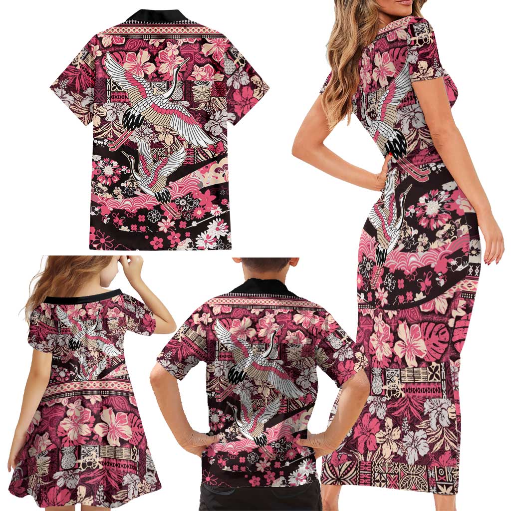 Japanese Hawaiian Crane Family Matching Short Sleeve Bodycon Dress and Hawaiian Shirt Soft Pink Tapa Patchwork Pattern LT9 - Polynesian Pride