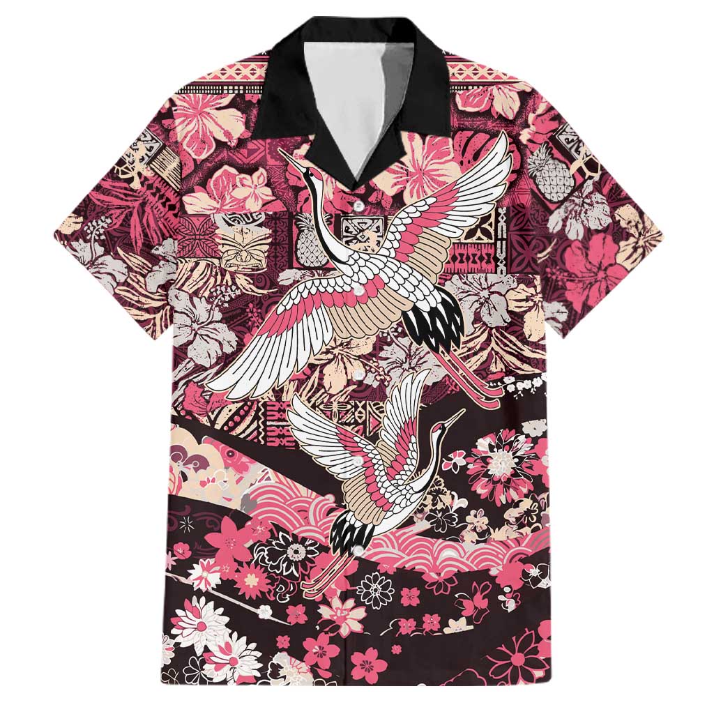 Japanese Hawaiian Crane Family Matching Short Sleeve Bodycon Dress and Hawaiian Shirt Soft Pink Tapa Patchwork Pattern LT9 Dad's Shirt - Short Sleeve Pink - Polynesian Pride
