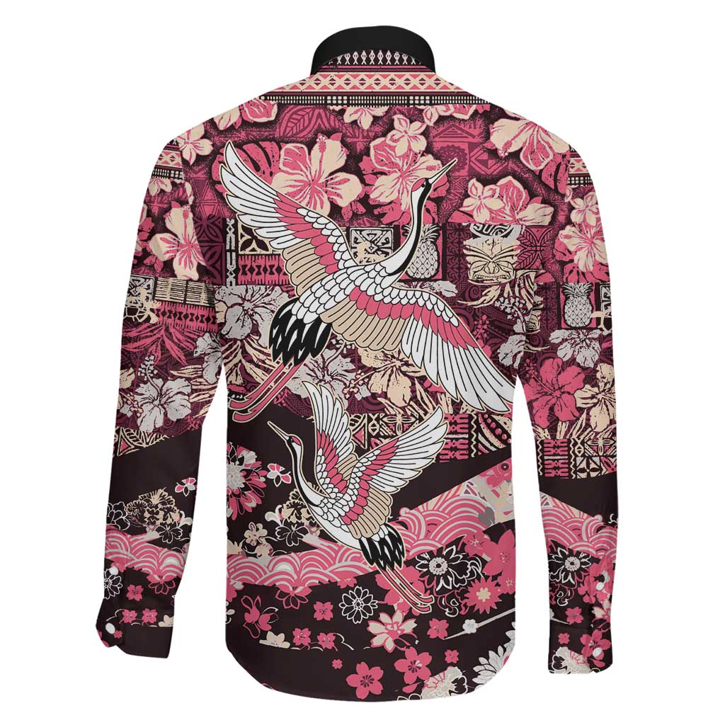 Japanese Hawaiian Crane Family Matching Short Sleeve Bodycon Dress and Hawaiian Shirt Soft Pink Tapa Patchwork Pattern LT9 - Polynesian Pride